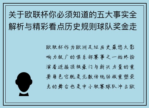 关于欧联杯你必须知道的五大事实全解析与精彩看点历史规则球队奖金走势 关于欧联杯你必须知道的五大事实全解析与精彩看点历史规则球队奖金走势